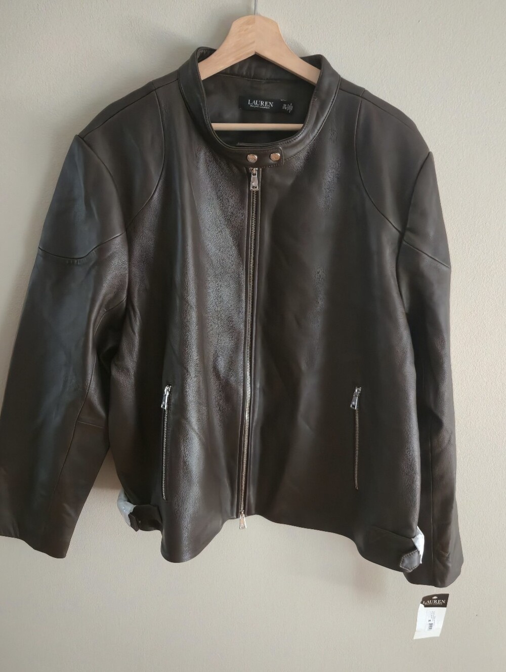 Lauren Ralph Lauren Plus Size 3X Dark Brown Lambskin Leather Moto Jacket